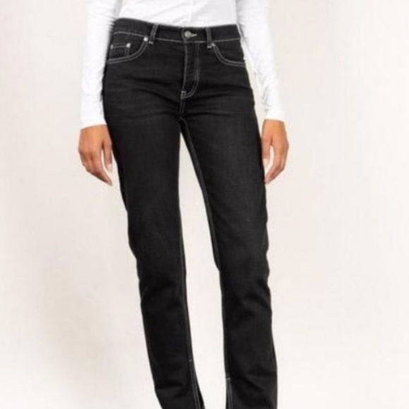 GANNI Denim Slit Pants Jeans Straight Leg Black Wash Raw Hem Size 25 B - Picture 1 of 9